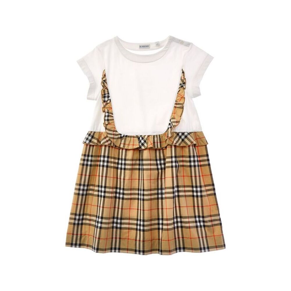 Burberry Girls  Check Trim Stretch Dress, Brown